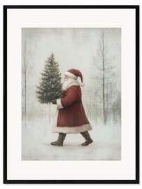 Gerahmter Kunstdruck Weihnachtsmann mit Weihnachtsbaum