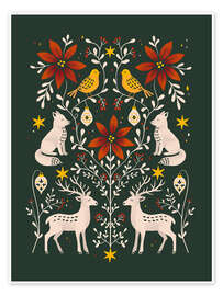 Wandbild Waldtiere mit Weihnachtssternen und Zweigen Folk art - Patruschka