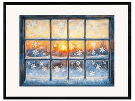 Gerahmter Kunstdruck Verschneites Fenster am Weihnachten