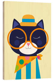 Holzbild Verspieltes Katzenporträt mit übergroßer Brille - Jaysanstudio