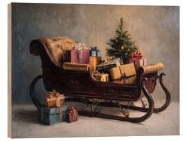 Holzbild Vintage-Weihnachtsmann-Schlitten mit Geschenken