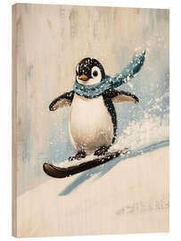 Holzbild Niedlicher Pinguin mit Snowboard