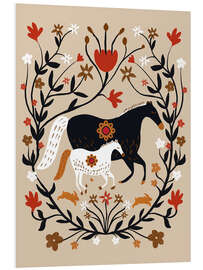 Hartschaumbild Pferde im floralen Folk Art Kranz - Patruschka