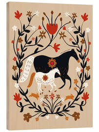 Holzbild Pferde im floralen Folk Art Kranz - Patruschka