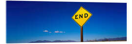 Acrylglasbild Das Ende-Schild vor blauem Himmel, Mojave-Wüste, Kalifornien