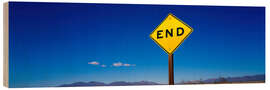 Holzbild Das Ende-Schild vor blauem Himmel, Mojave-Wüste, Kalifornien