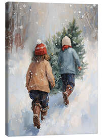 Leinwandbild Kinder tragen Tannenbaum