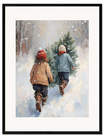 Gerahmter Kunstdruck Kinder tragen Tannenbaum