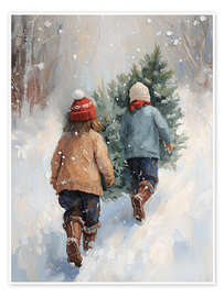 Poster Kinder tragen Tannenbaum