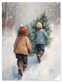 Wandsticker Kinder tragen Tannenbaum