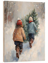 Holzbild Kinder tragen Tannenbaum