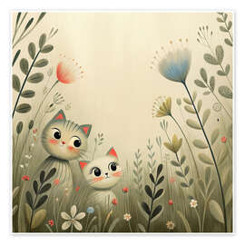 Wandbild Neugierige Kätzchen zwischen Wildblumen - nobelart