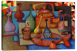 Leinwandbild Stillleben mit Fisch und Krügen - Andrej Losovoj