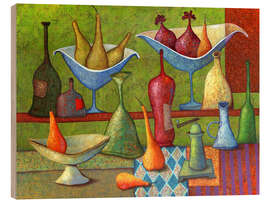 Holzbild Stillleben mit Vasen, Flaschen und Birnen