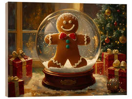 Holzbild Vintage-Weihnachtsschneekugel mit Lebkuchenmotiv