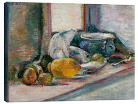 Leinwandbild Blauer Topf und Zitrone