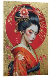 Acrylglasbild Geisha im roten Kimono vor goldenem Hintergrund