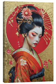 Leinwandbild Geisha im roten Kimono vor goldenem Hintergrund