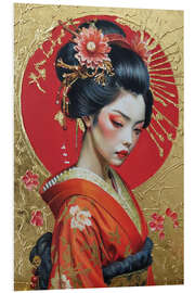 Hartschaumbild Geisha im roten Kimono vor goldenem Hintergrund