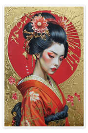Poster Geisha im roten Kimono vor goldenem Hintergrund
