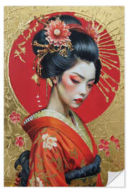 Wandsticker Geisha im roten Kimono vor goldenem Hintergrund