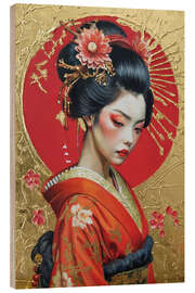 Holzbild Geisha im roten Kimono vor goldenem Hintergrund