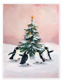 Wandbild Pinguine tanzen um Tannenbaum - Ohkimiko
