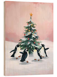 Holzbild Pinguine tanzen um Tannenbaum - Ohkimiko