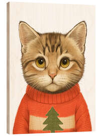 Holzbild Katze im Weihnachtspullover - Nikita Korenkov