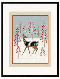 Gerahmter Kunstdruck Hirsche im verschneiten Wald