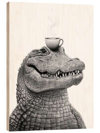 Holzbild Krokodil mit Kaffee