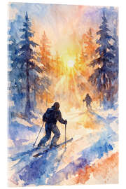 Acrylglasbild Skifahrer im verschneiten Wald bei Sonnenaufgang - Natalie Bruns