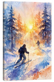Leinwandbild Skifahrer im verschneiten Wald bei Sonnenaufgang - Natalie Bruns