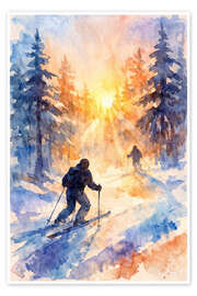 Wandbild Skifahrer im verschneiten Wald bei Sonnenaufgang - Natalie Bruns