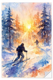 Wandsticker Skifahrer im verschneiten Wald bei Sonnenaufgang - Natalie Bruns