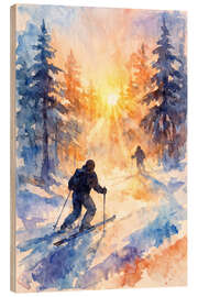 Holzbild Skifahrer im verschneiten Wald bei Sonnenaufgang - Natalie Bruns