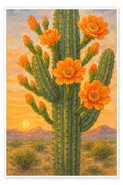 Wandbild Blühender Saguaro-Kaktus in der Wüste bei Sonnenuntergang - Natalie Bruns