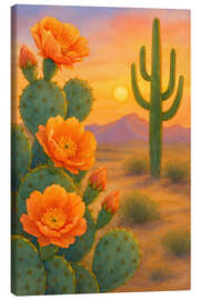 Leinwandbild Wüstenkaktus mit Orangenblüten im Sonnenuntergang - Natalie Bruns