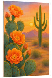 Holzbild Wüstenkaktus mit Orangenblüten im Sonnenuntergang - Natalie Bruns