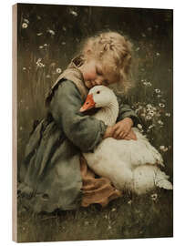 Holzbild Mädchen umarmt eine Gans - Olga Telnova