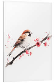Print på aluminium Watercolor sparrow with cherry blossom branch - Christian Müringer