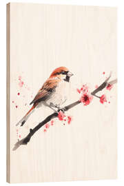 Holzbild Aquarell Sperling mit Kirschblütenzweig - Christian Müringer