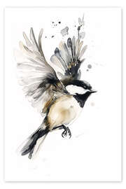 Poster Aquarell Schwarzkopfmeise im Flug