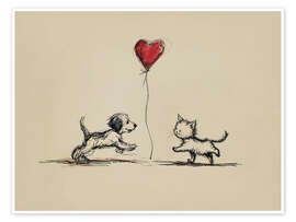 Wandbild Welpe und Kätzchen mit Herzballon - TAlex