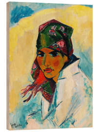 Holzbild Porträt einer Frau, Lotte mit Kopftuch