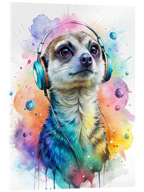 Acrylglasbild Erdmännchen mit Kopfhörern und bunten Spritzern - nobelart