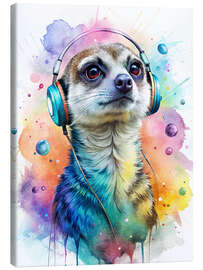 Leinwandbild Erdmännchen mit Kopfhörern und bunten Spritzern - nobelart