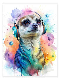 Wandbild Erdmännchen mit Kopfhörern und bunten Spritzern - nobelart