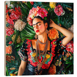 Holzbild Frida Kahlo Vintage-Blumenporträt II