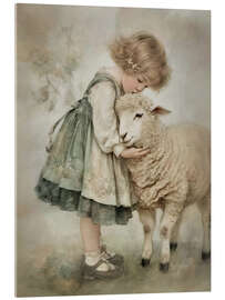Acrylglasbild Mädchen umarmt Lamm - Olga Telnova